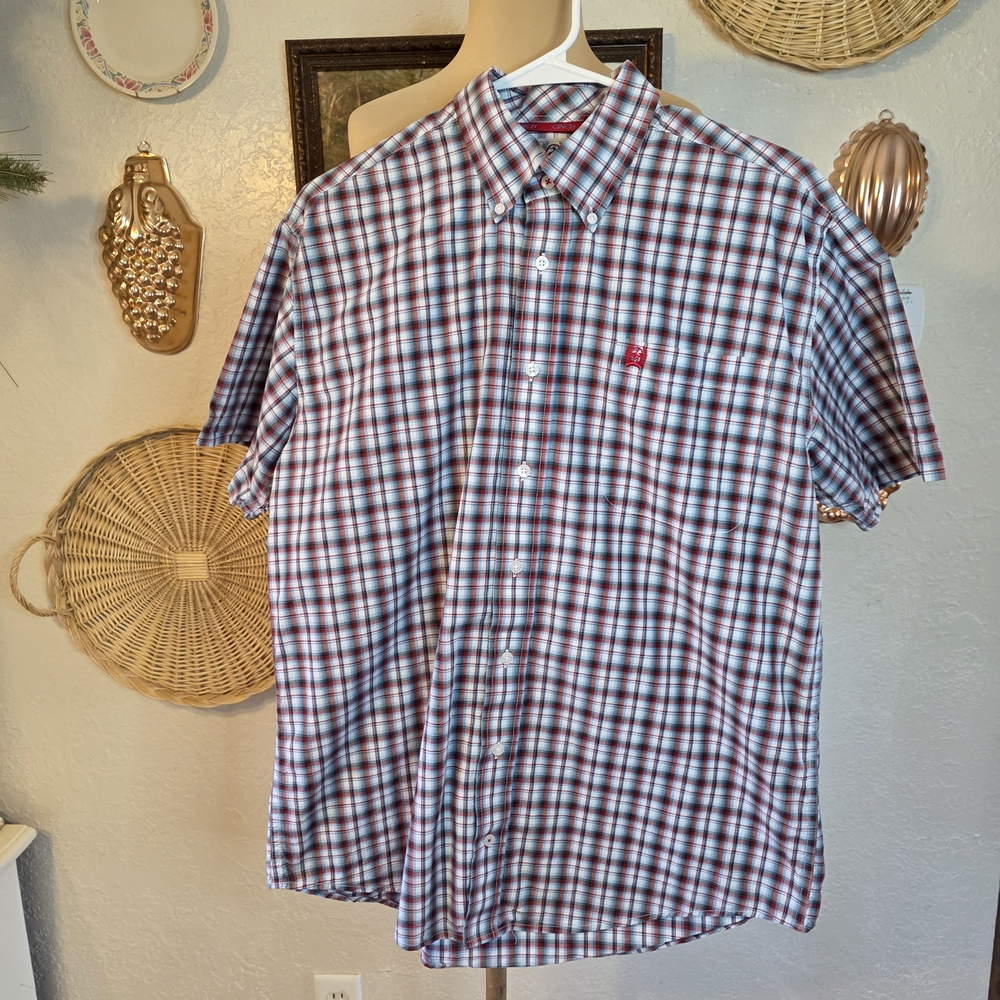 Cinch Men's Red & Blue Checkered Plaid Button Up Short Sleeve Western Shirt